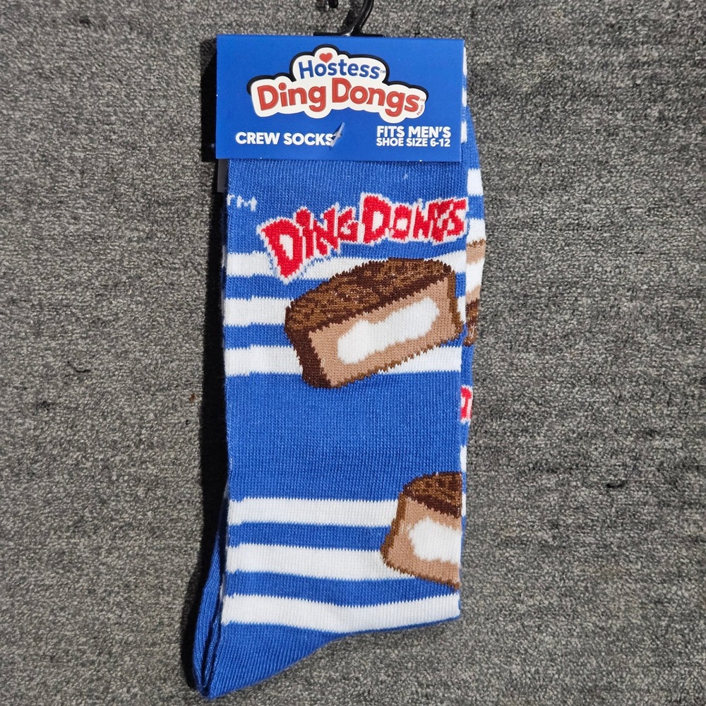 Hostess Ding Dongs Men's Crew Socks Blue White Striped Snack Cake Size 6-12 NEW